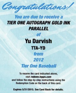 2012 Topps Tier One Baseball Gold Autograph Yu Darvish 243x300 Image