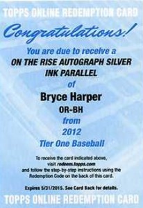 2012 Topps Tier One Baseball On the Rise Silver Ink Autograph Bryce Harper Redemption 206x300 Image