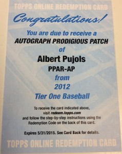 2012 Topps Tier One Baseball Prodigious Patch Autograph Albert Pujols 238x300 Image