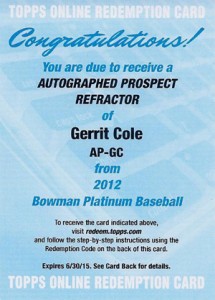 2012 Bowman Platinum Prospect Autographs Gerrit Cole Redemption 215x300 Image