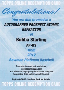 2012 Bowman Platinum Baseball Prospect Atomic Refractor Autograph Bubba Starling Redemption 215x300 Image